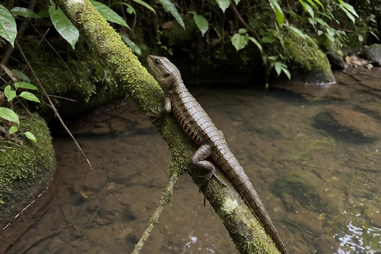 Lagarto-crocodilo adulto em galho sobre riacho na floresta subtropical