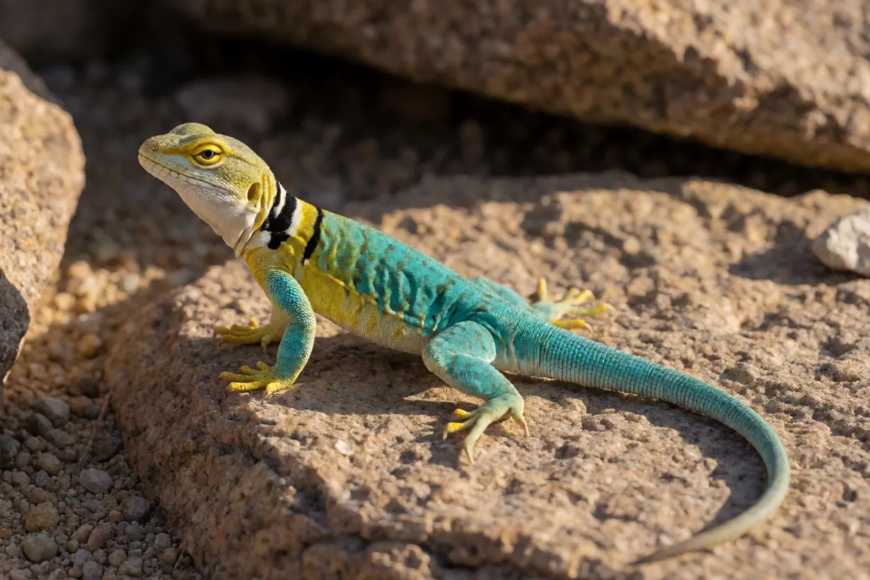 Lagarto-de-colar adulto sobre rocha no deserto mostrando o colar duplo preto e branco