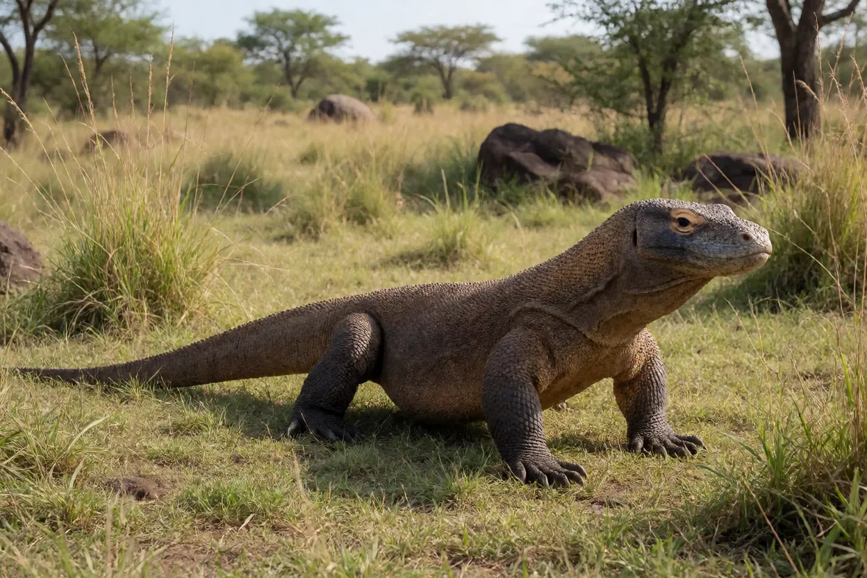 Lagarto-monitor dragão-de-komodo adulto de corpo inteiro em habitat natural