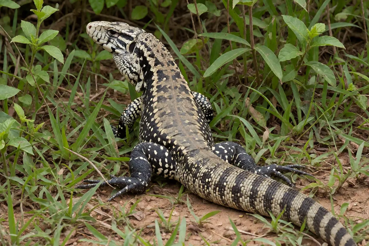 Lagarto-teiú adulto de corpo inteiro no Cerrado brasileiro