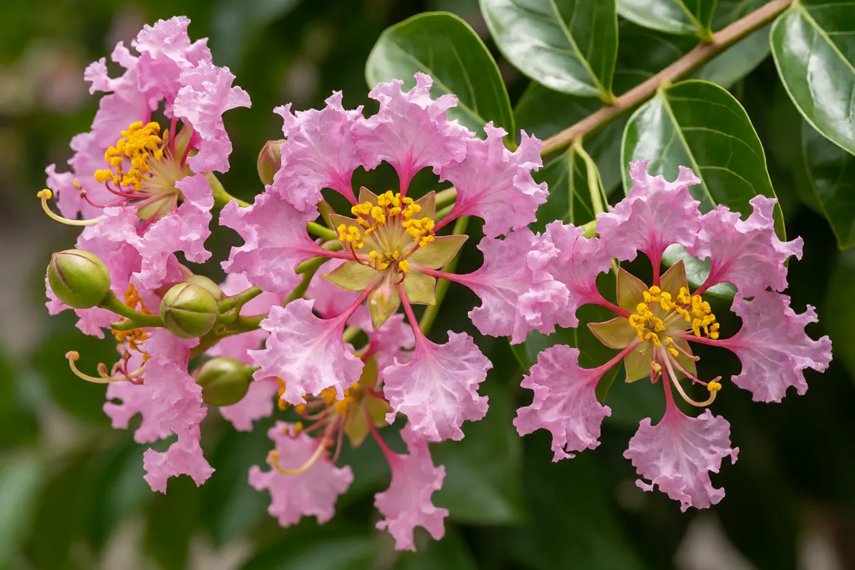 Flores crespas e folhas brilhantes da Lagerstroemia indica
