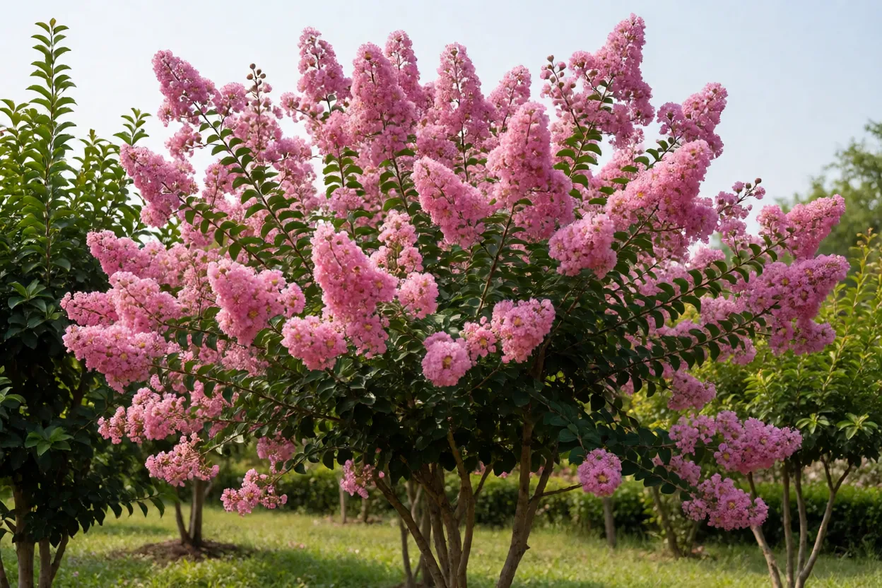 Extremosa em plena flora&ccedil;&atilde;o com cachos de flores rosa franzidas