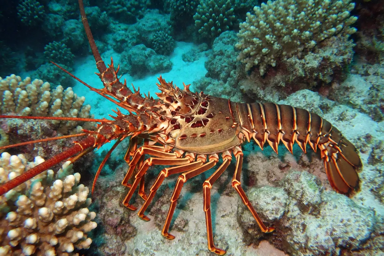 Lagosta-vermelha Lagosta-vermelha de corpo inteiro sobre recife de coral