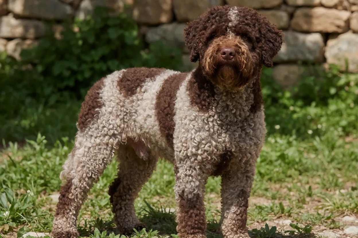 Lagotto Romagnolo Lagotto Romagnolo adulto de corpo inteiro com pelagem cacheada marrom ruão ao ar livre