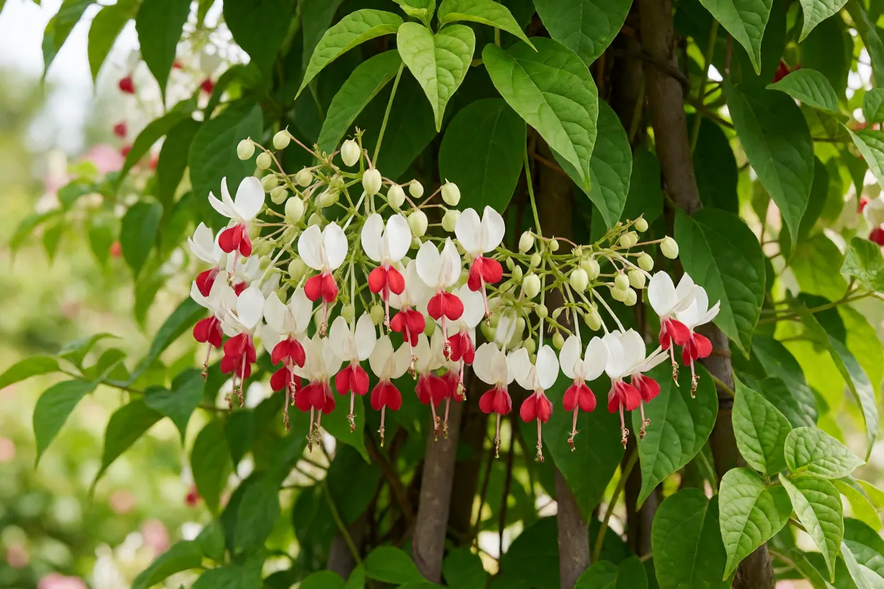 Lágrima-de-cristo florida em treliça no jardim com flores brancas e vermelhas