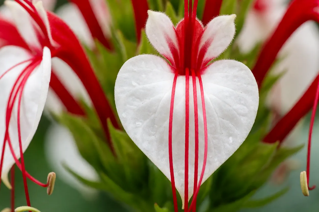 Flor da l&aacute;grima-de-cristo com c&aacute;lice branco e corola vermelha em detalhe bot&acirc;nico