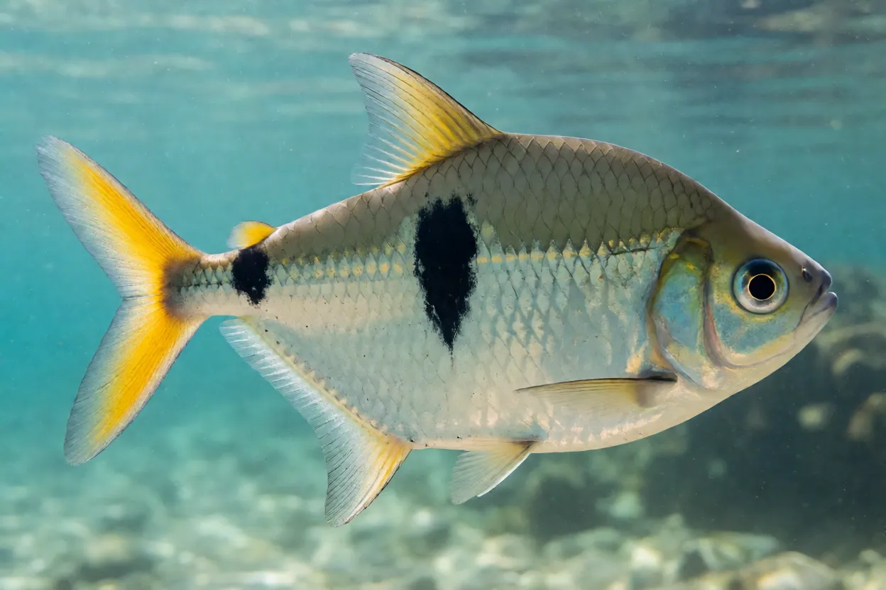 Lambari Astyanax lacustris de lado mostrando corpo prateado e mancha preta