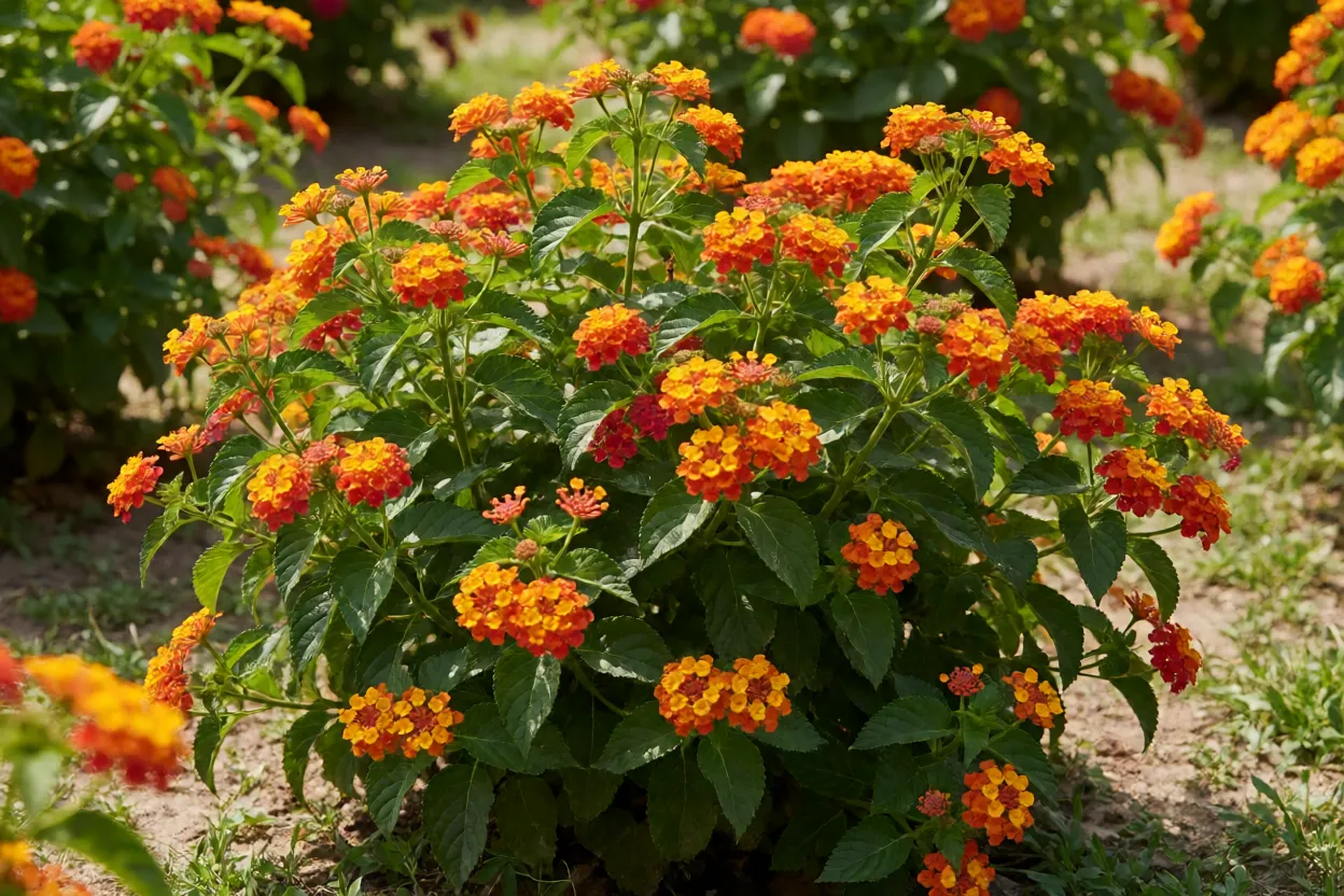Lantana camara arbusto florido em canteiro ensolarado com cachos multicoloridos