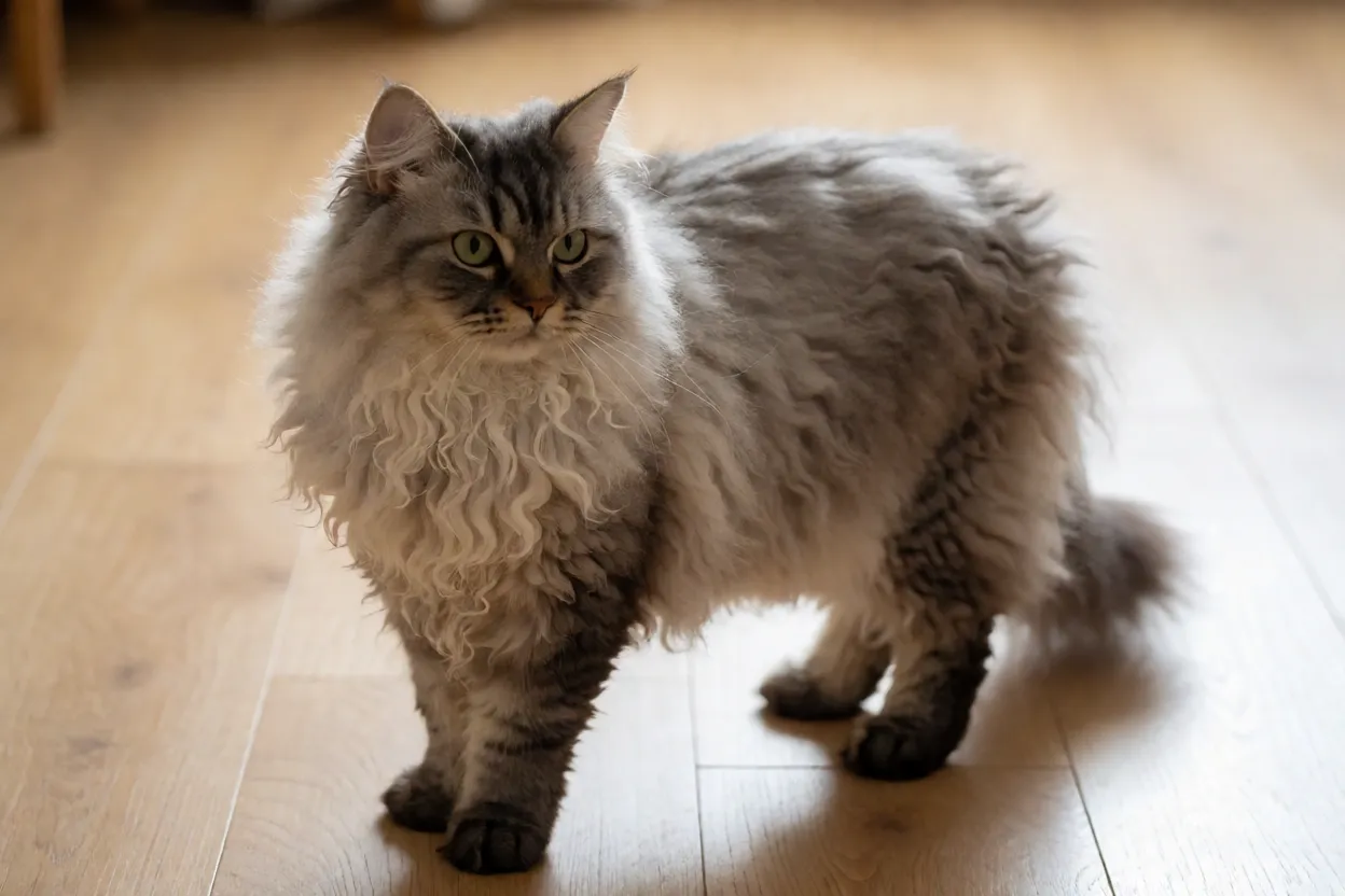 Gato LaPerm adulto de pelo longo cacheado em corpo inteiro