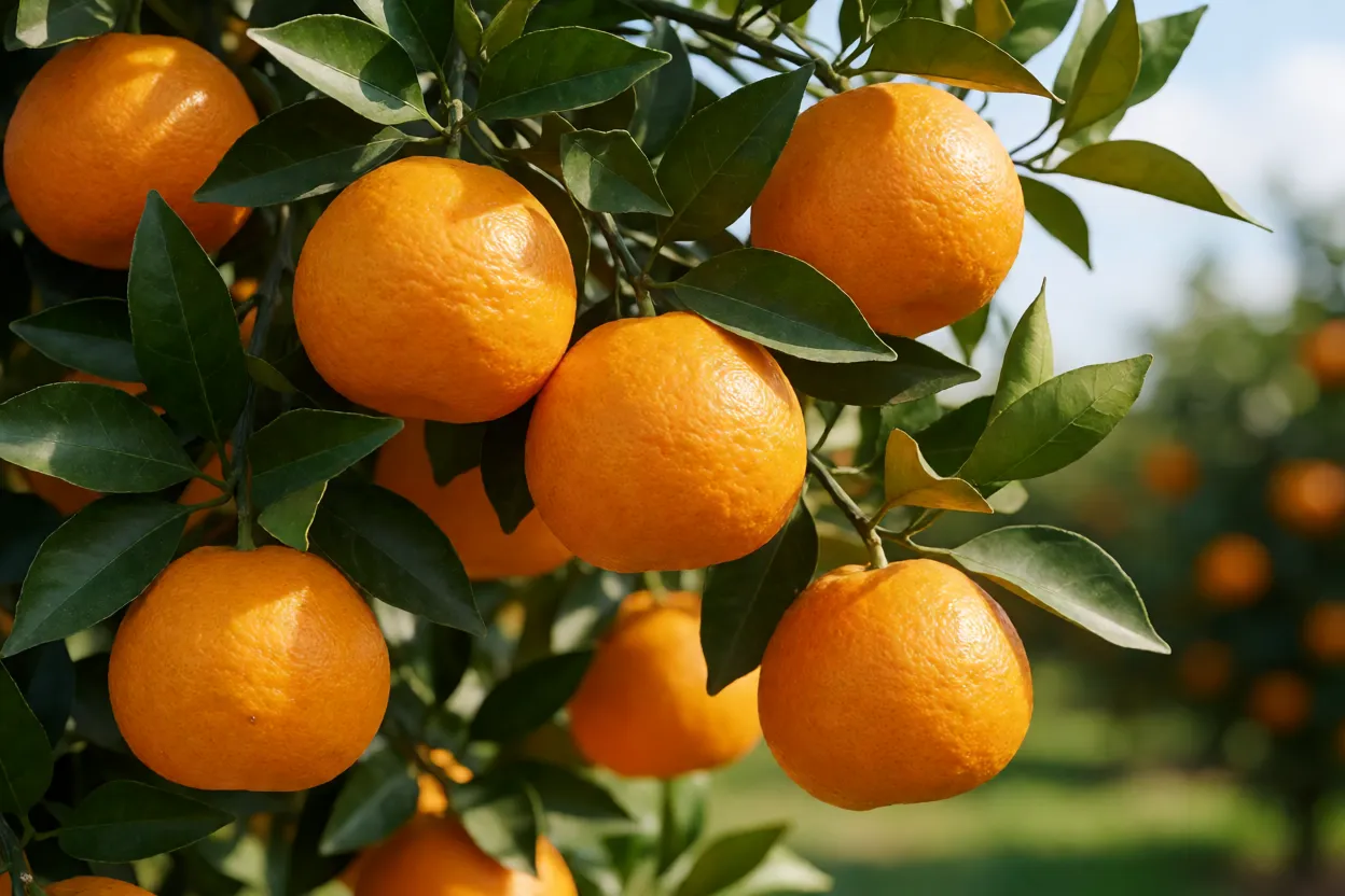 Laranjeira carregada de laranjas maduras no pomar