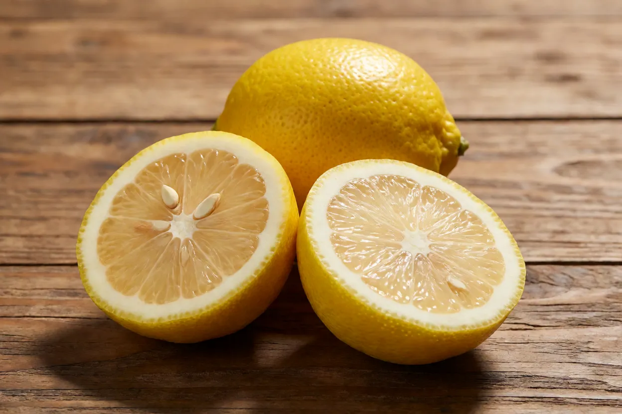 Laranja-lima inteira e cortada ao meio mostrando polpa clara