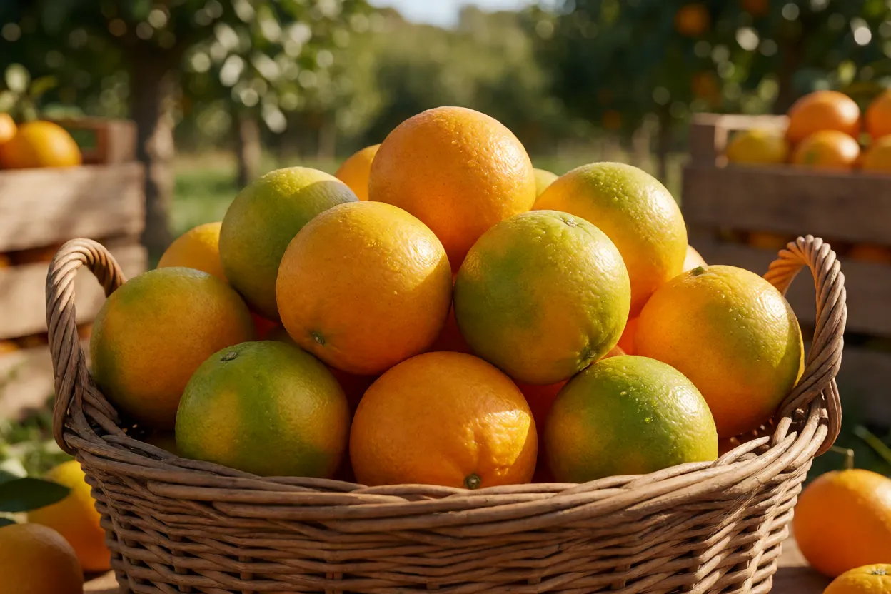 Cesto de colheita com laranjas-pera frescas