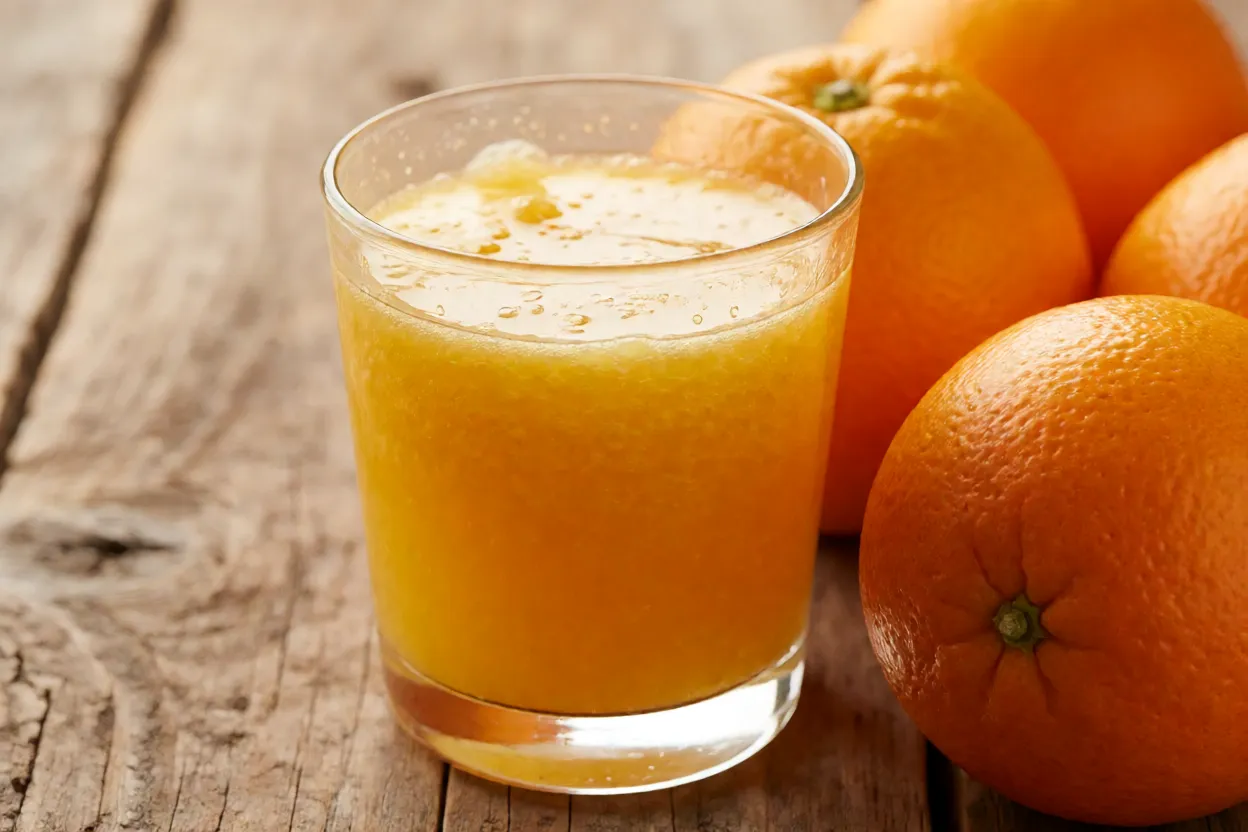 Copo de suco natural de laranja-pera com frutas ao lado