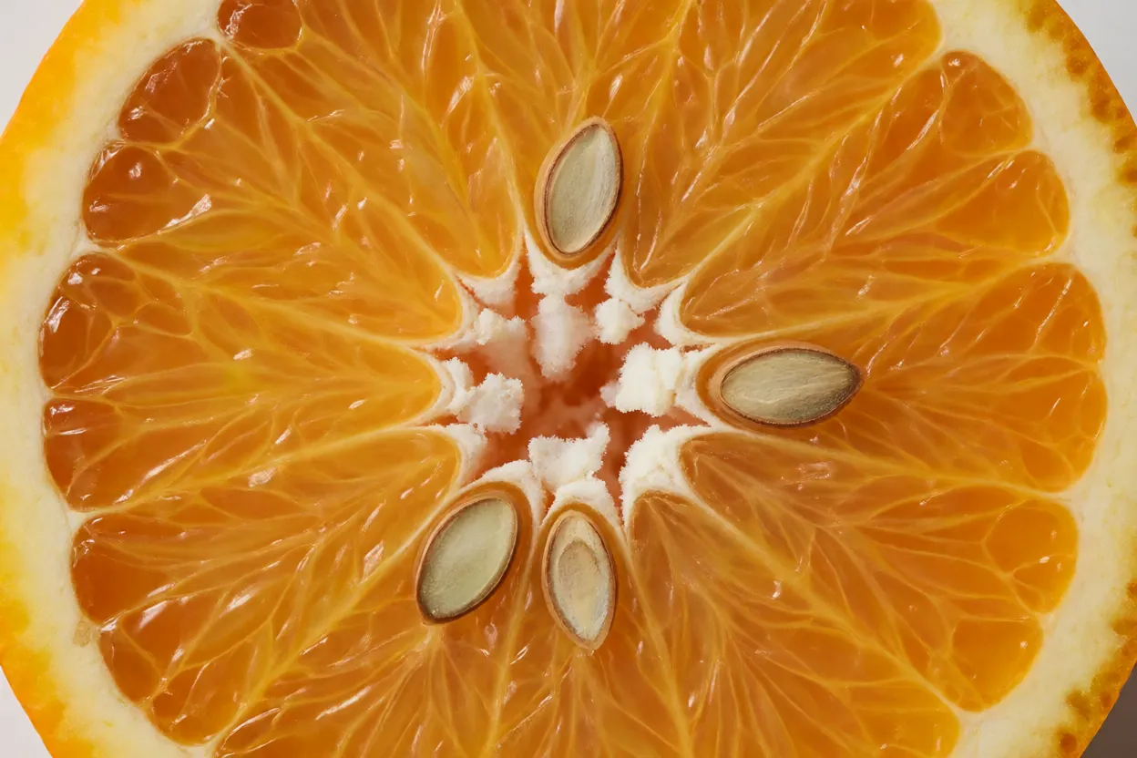 Detalhe interno da laranja-pera mostrando gomos e vesículas de suco