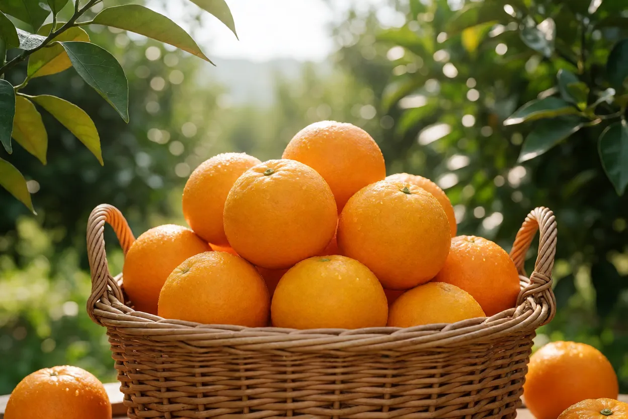 Cesto de colheita com laranjas frescas