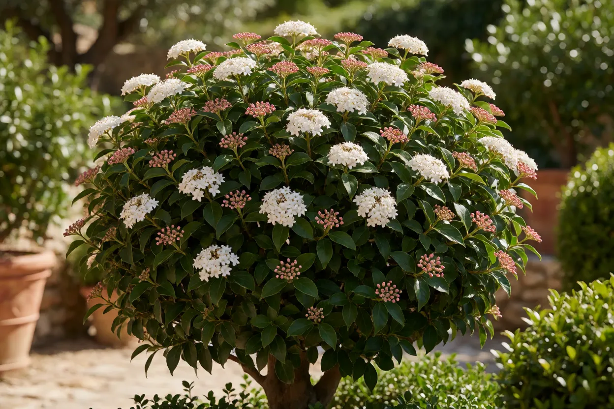 Laurotino adulto com folhagem densa e flores brancas em jardim