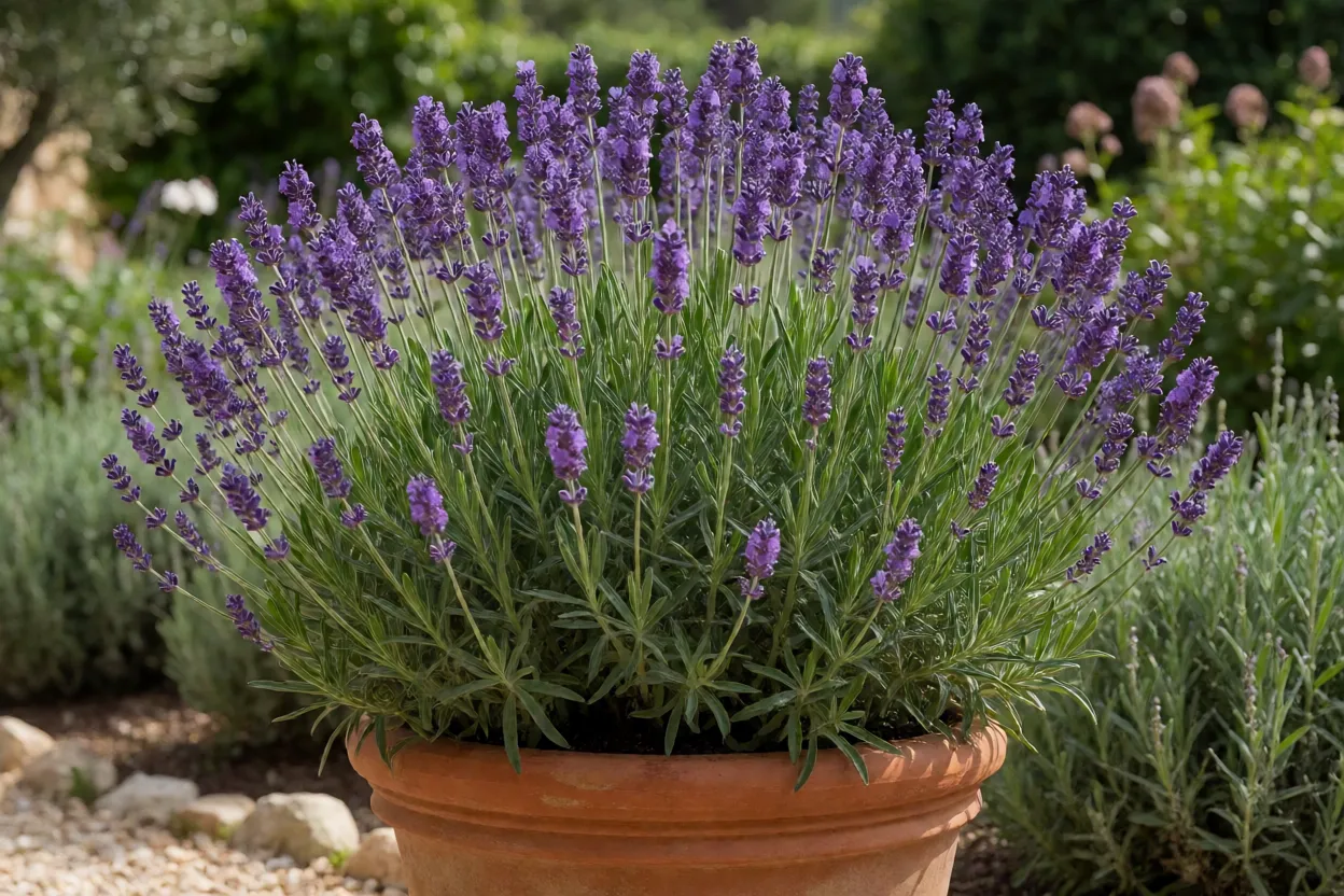 Lavanda adulta em vaso de barro com espigas roxas e folhas acinzentadas