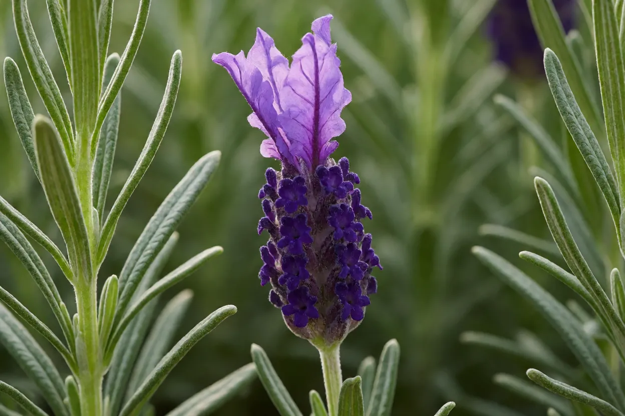 Close-up de espiga de lavanda roxa com folhas cinza-esverdeadas sob luz natural