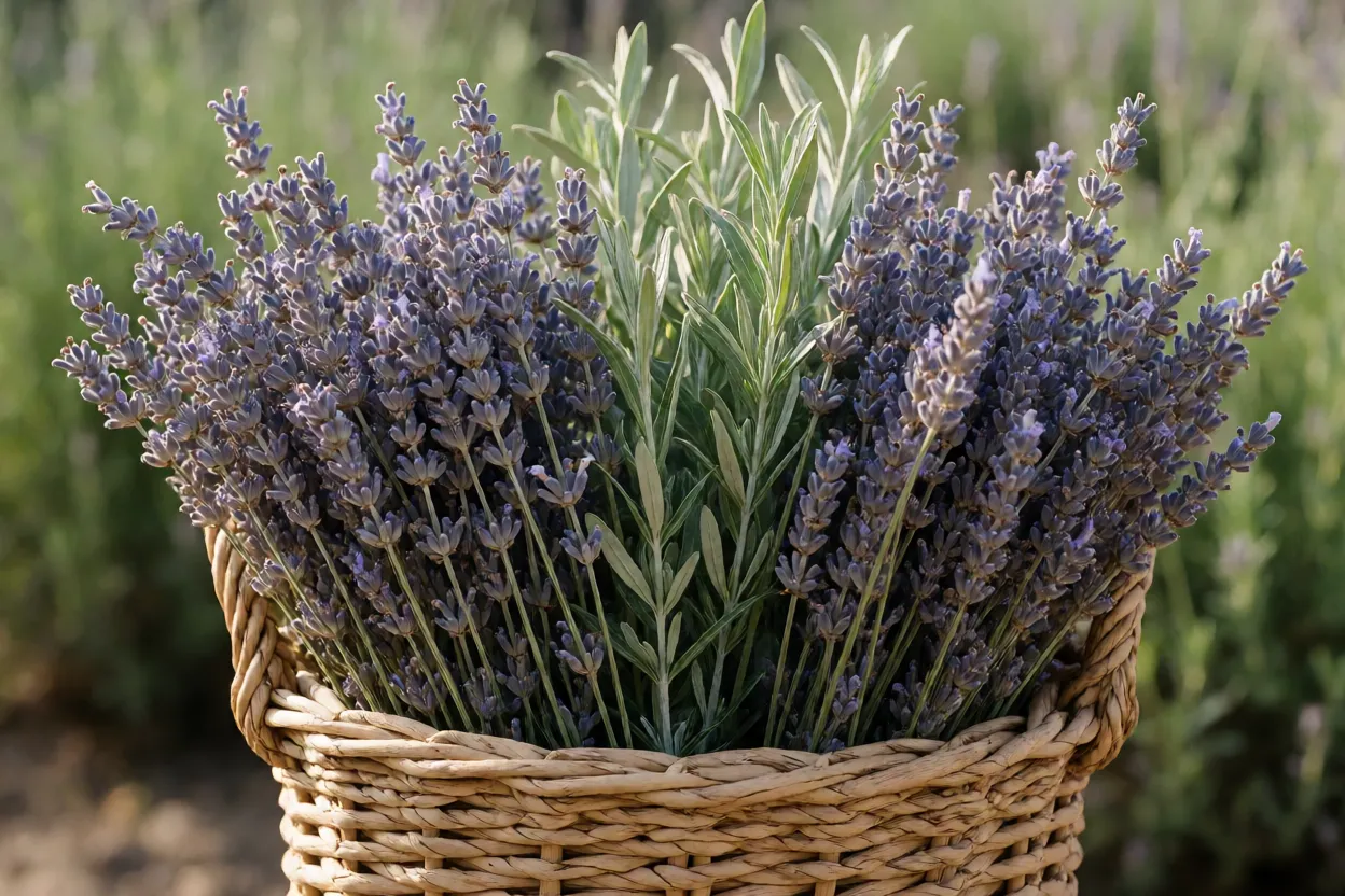 Flores de lavanda secas em cesta com folhas arom&aacute;ticas
