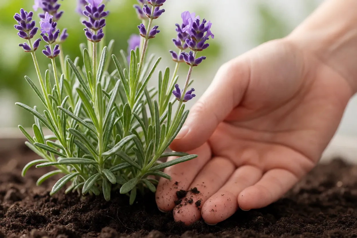 M&atilde;o verificando umidade do solo ao redor de muda de lavanda