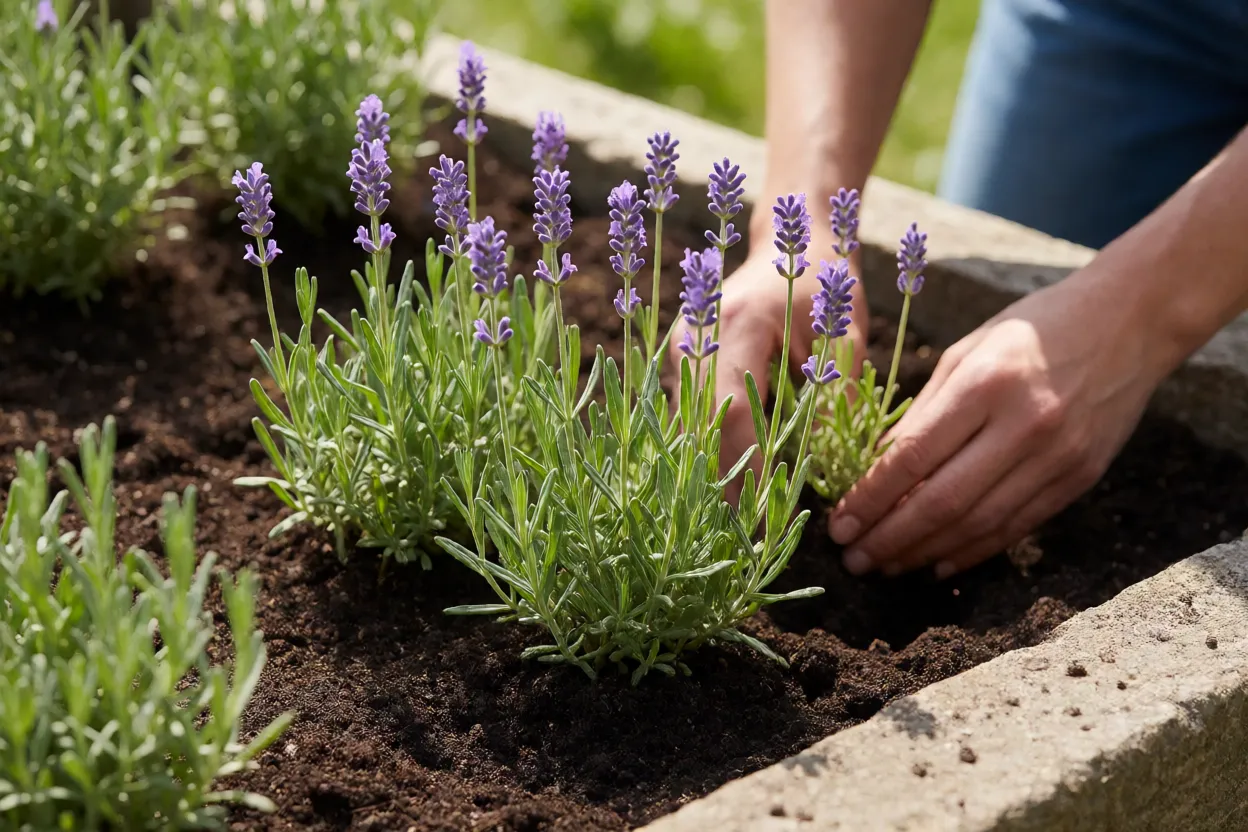 Mudas de lavanda sendo plantadas em canteiro ensolarado