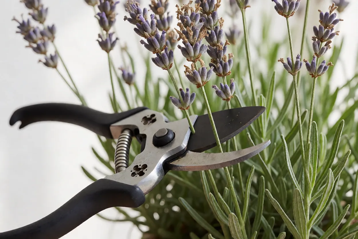 Tesoura de poda cortando hastes de lavanda ap&oacute;s flora&ccedil;&atilde;o