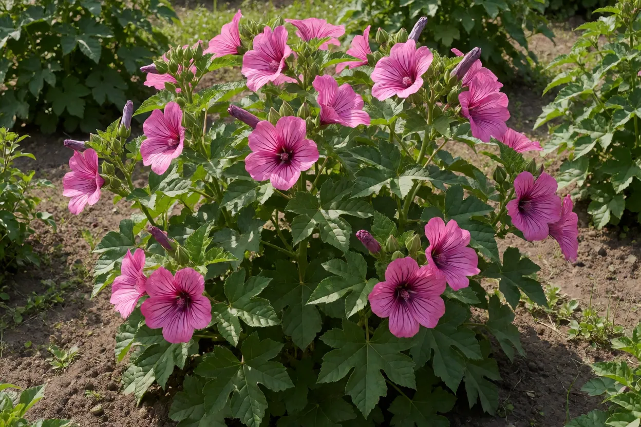 Lavatera-de-três-meses adulta florida em canteiro ensolarado com flores rosas