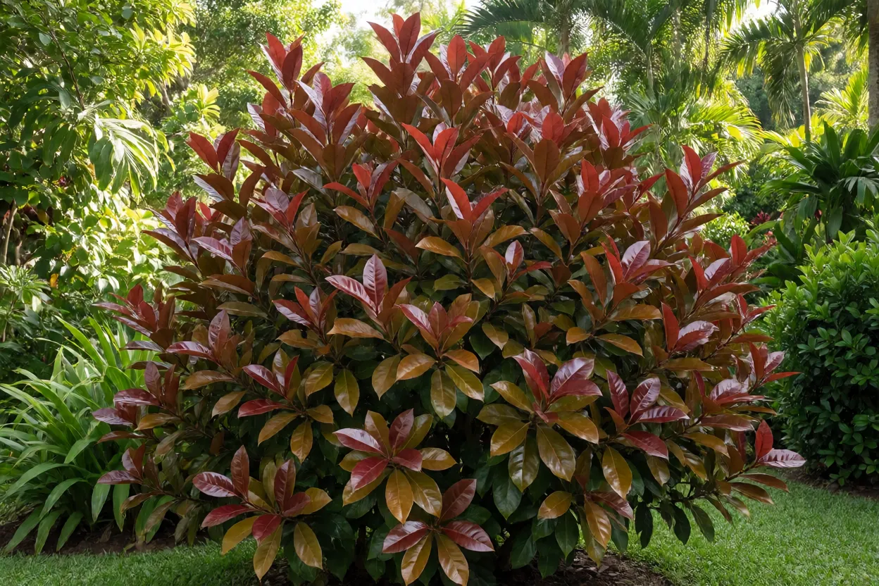 Léia-rubra adulta no jardim com folhas vermelho-vinho e verde-bronze