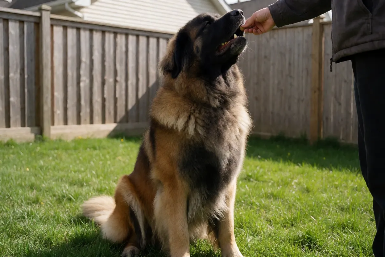 Leonberger sentado recebendo um petisco durante o treino