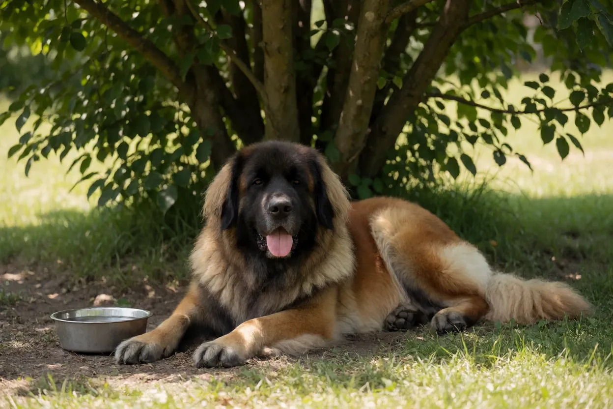 Leonberger descansando na sombra de uma &aacute;rvore em um dia quente