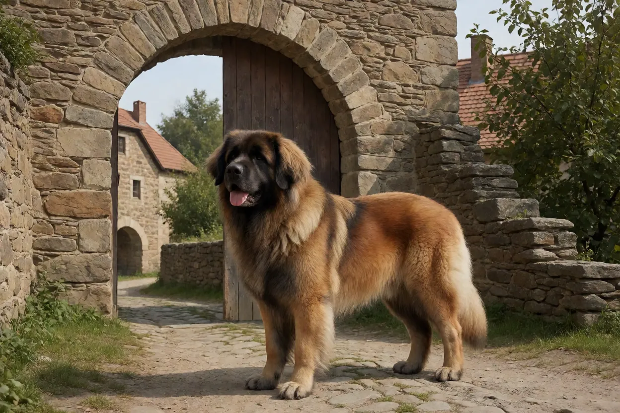 Ilustra&ccedil;&atilde;o hist&oacute;rica de um Leonberger ao lado do bras&atilde;o da cidade de Leonberg