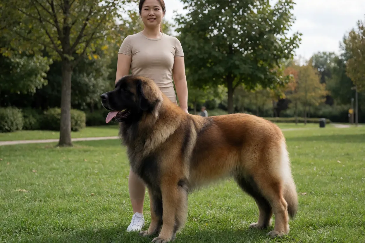 Leonberger macho adulto ao lado de uma pessoa para mostrar a propor&ccedil;&atilde;o de tamanho