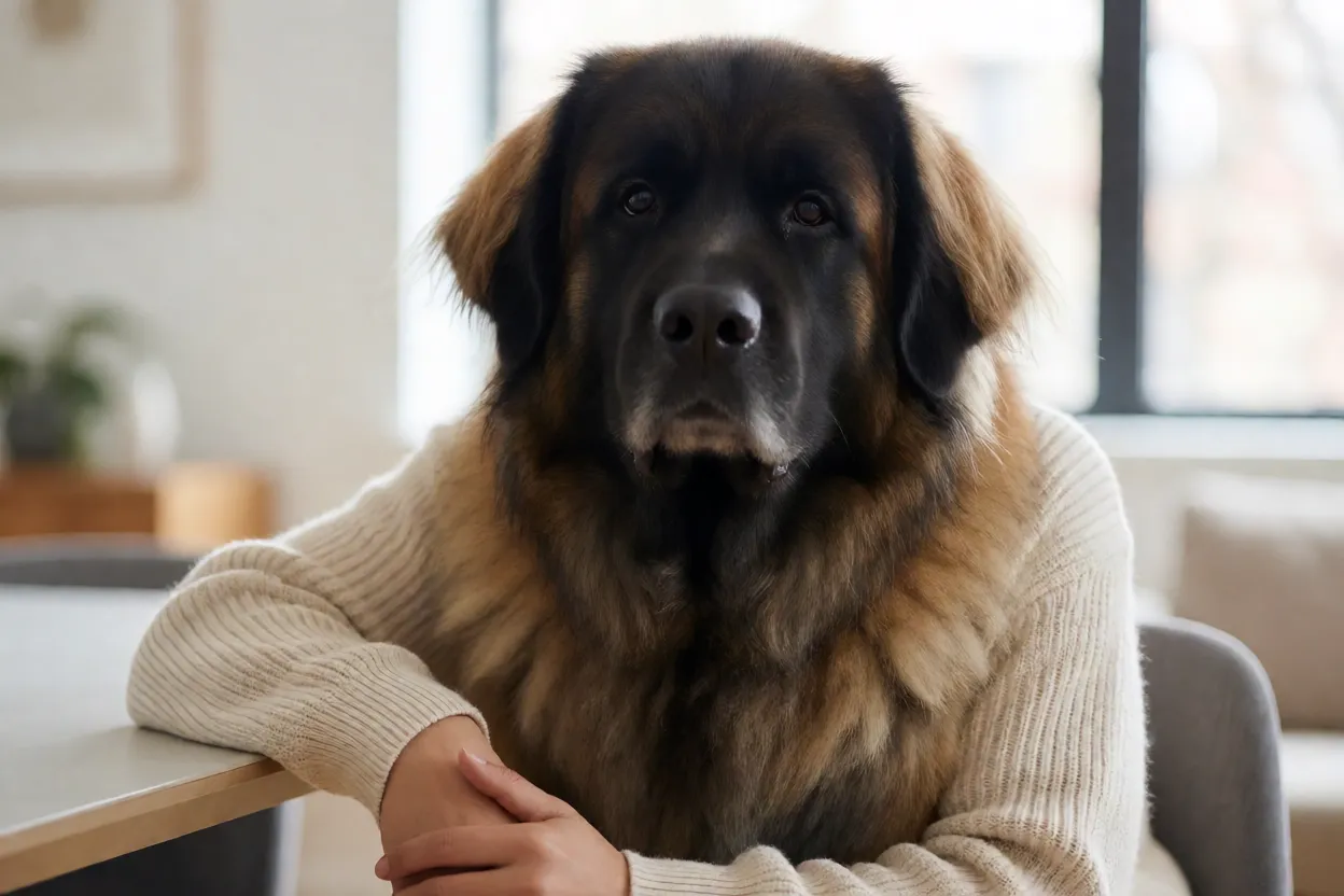 Close do rosto de um Leonberger mostrando a m&aacute;scara preta e a juba