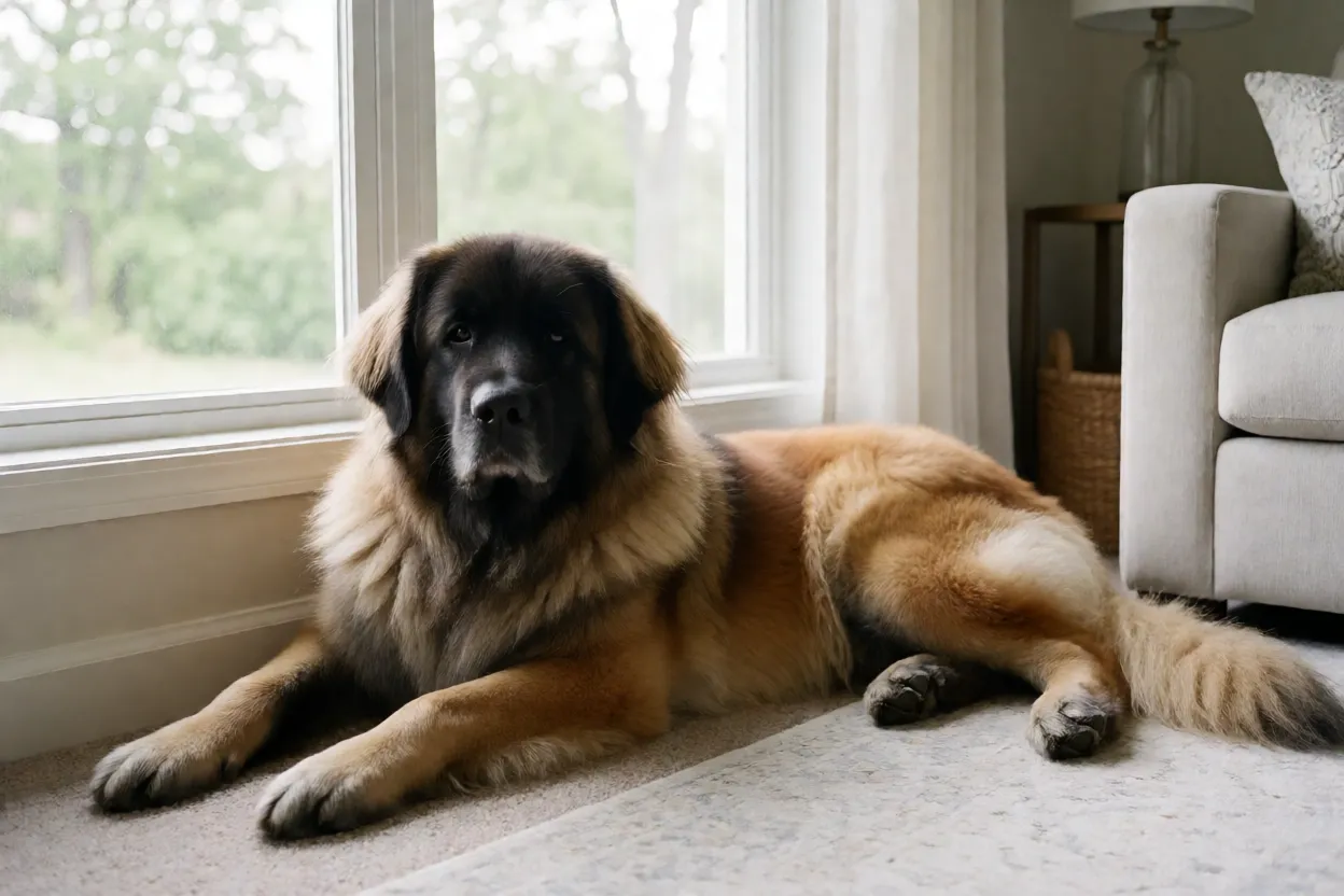 Leonberger deitado e tranquilo dentro de casa ao lado de uma janela