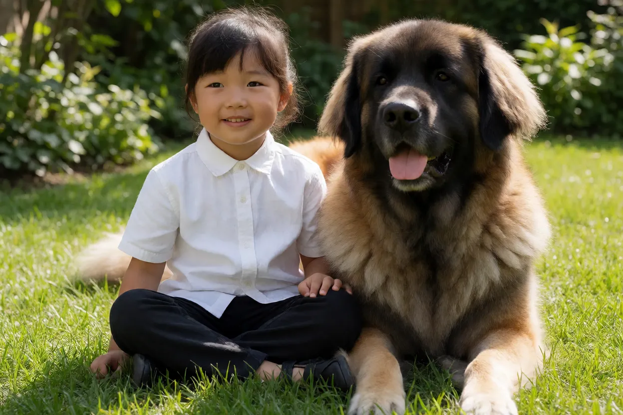 Crian&ccedil;a sentada no jardim ao lado de um Leonberger calmo