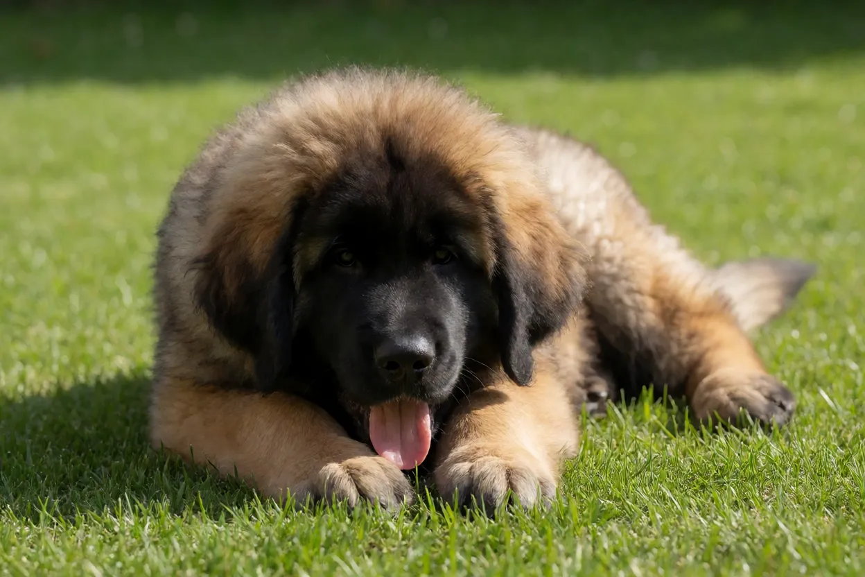 Filhote de Leonberger brincando em um gramado