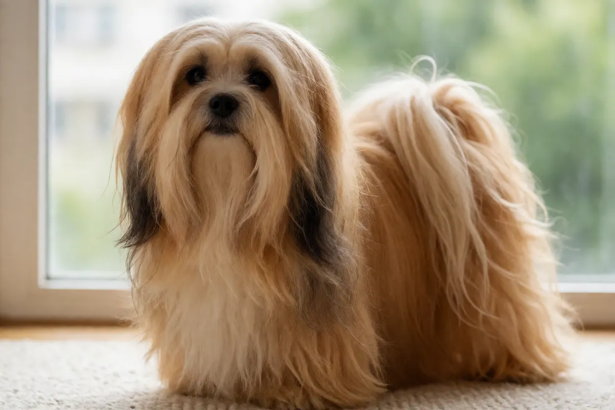Lhasa Apso adulto com pelagem longa dourada em ambiente interno