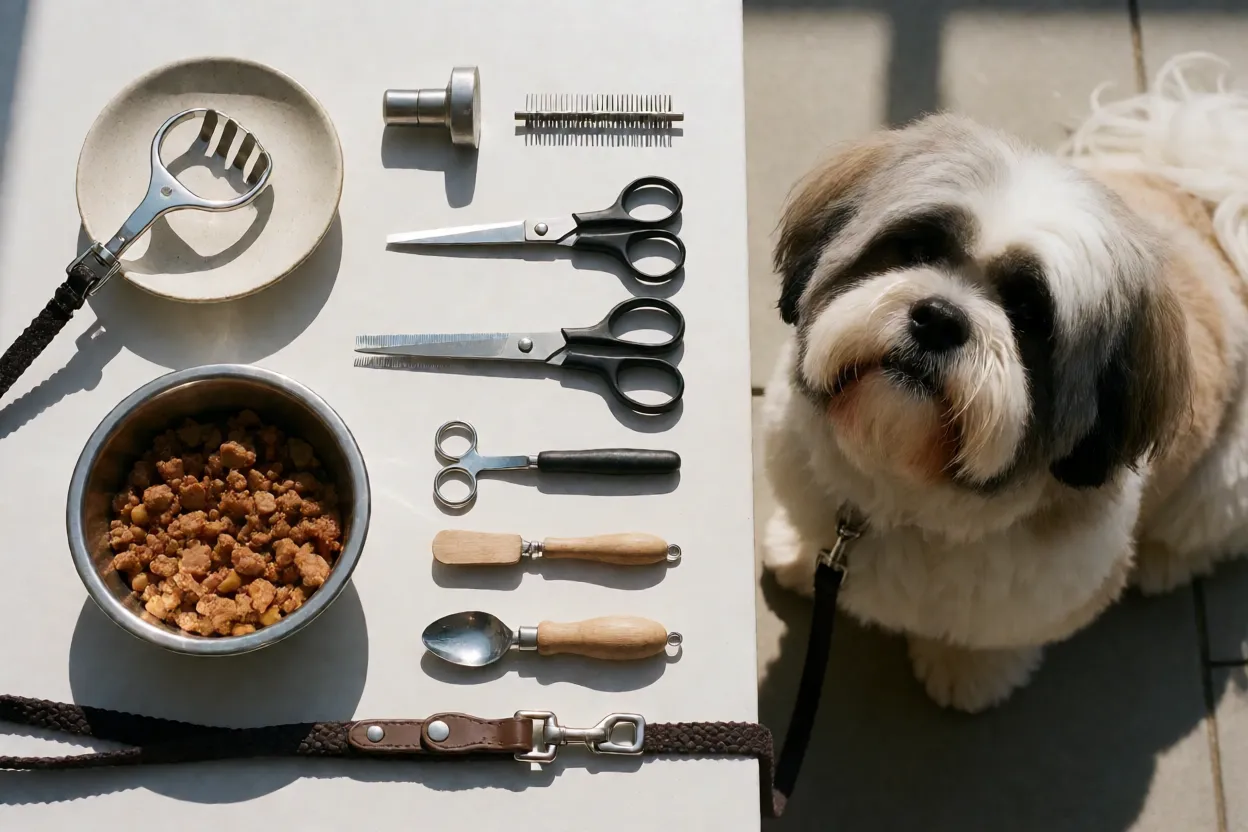 Rotina de cuidados com Lhasa Apso incluindo escova, comedouro e coleira