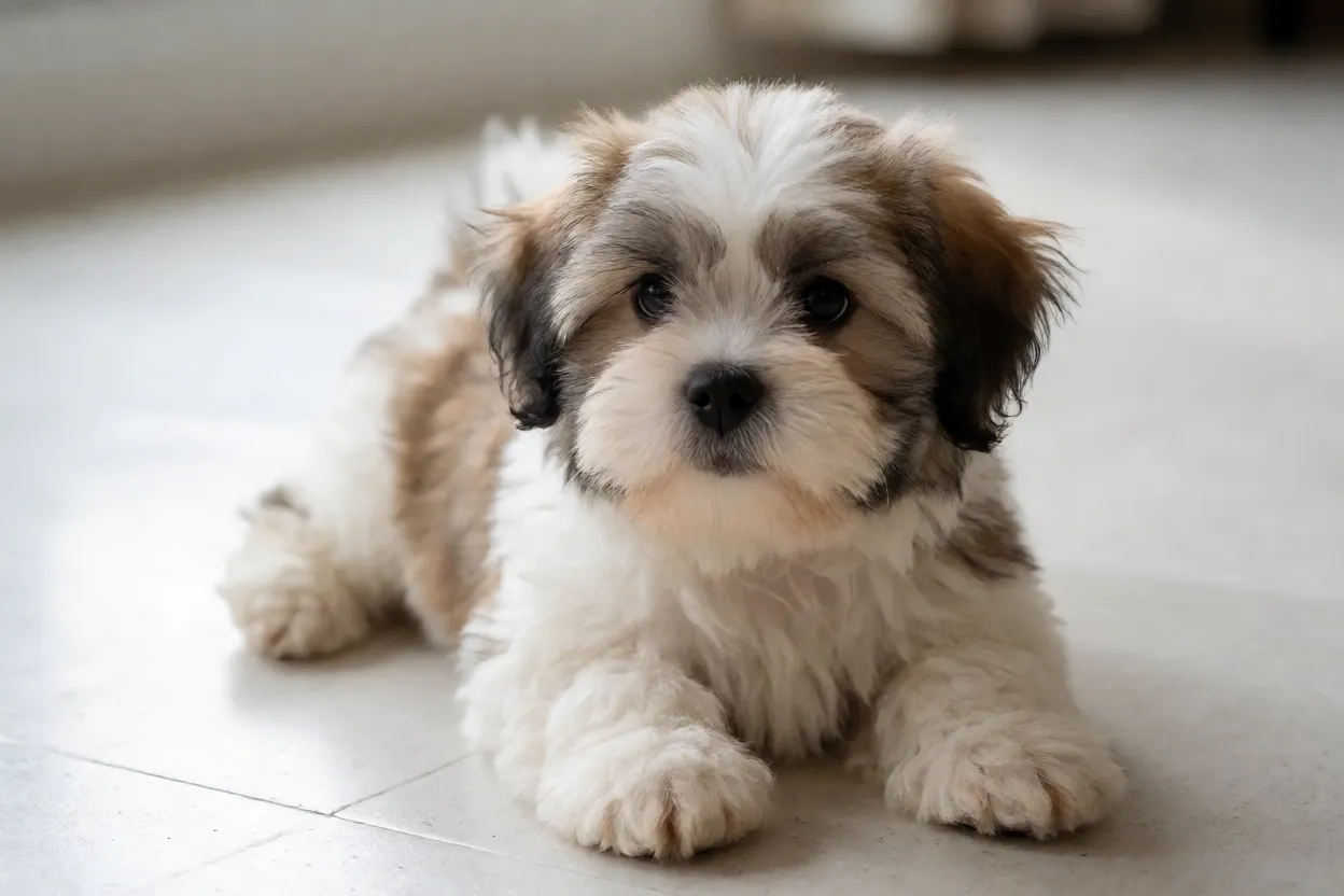 Filhote de Lhasa Apso saudável brincando em ambiente limpo