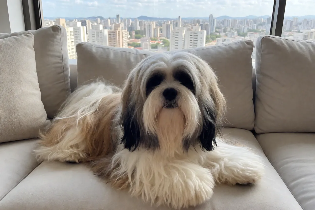 Lhasa Apso confortável em apartamento moderno brasileiro