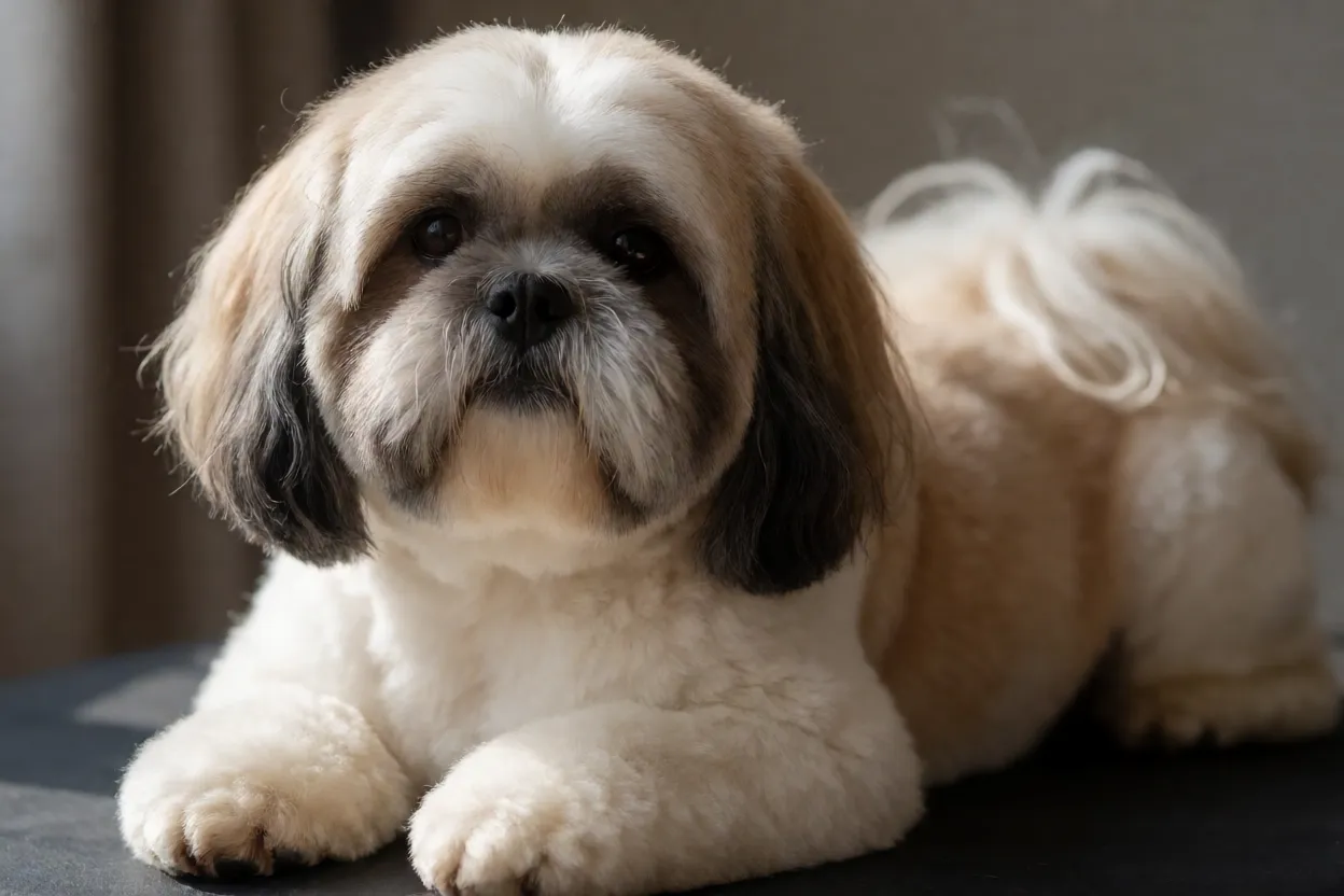 Lhasa Apso com pelagem bem cuidada mostrando pouco pelo solto