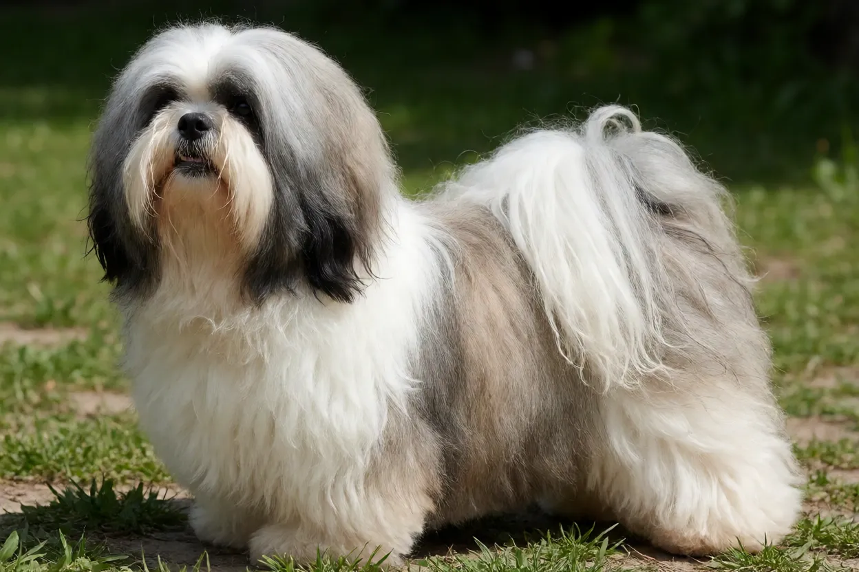 Lhasa Apso em pé mostrando proporção corporal e pelagem