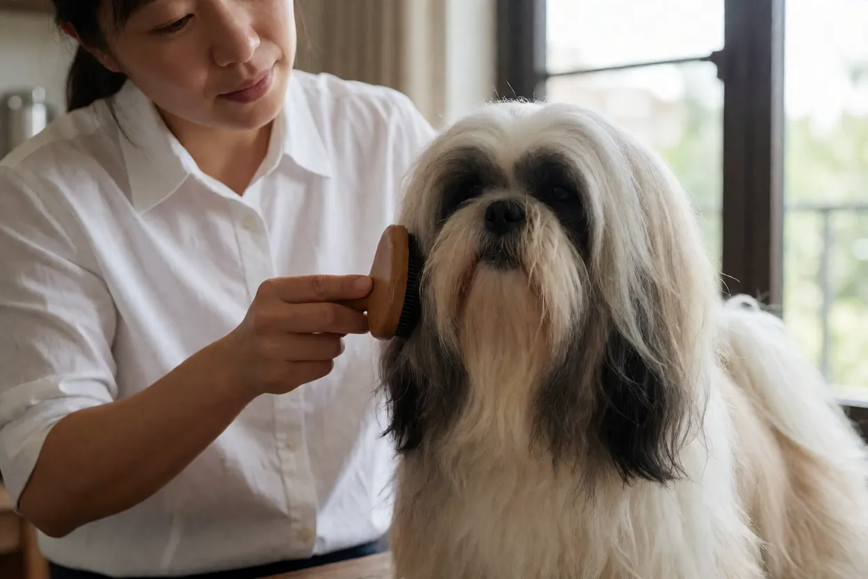Lhasa Apso sendo escovado com escova slicker em casa