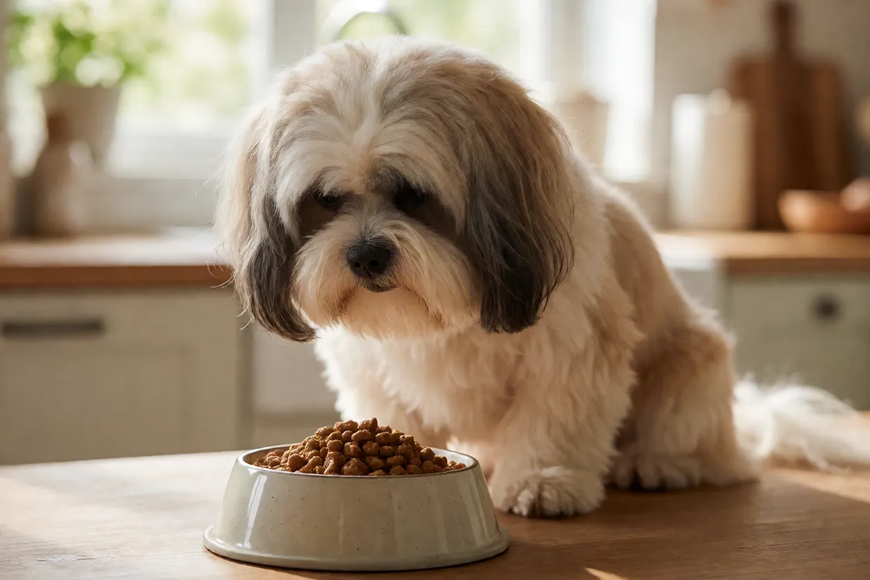 Lhasa Apso adulto comendo ração em comedouro baixo