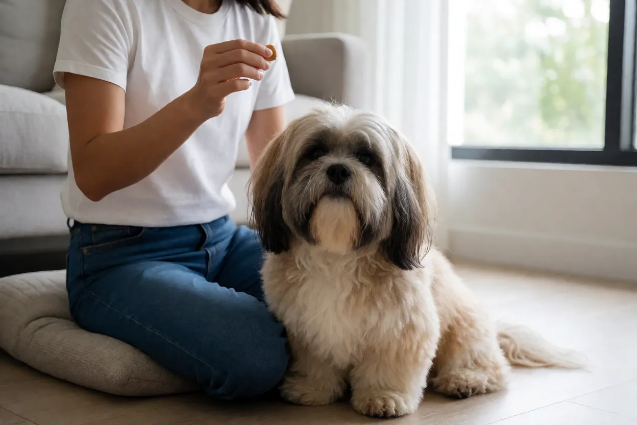 Lhasa Apso sentado prestando atenção a um comando de treino