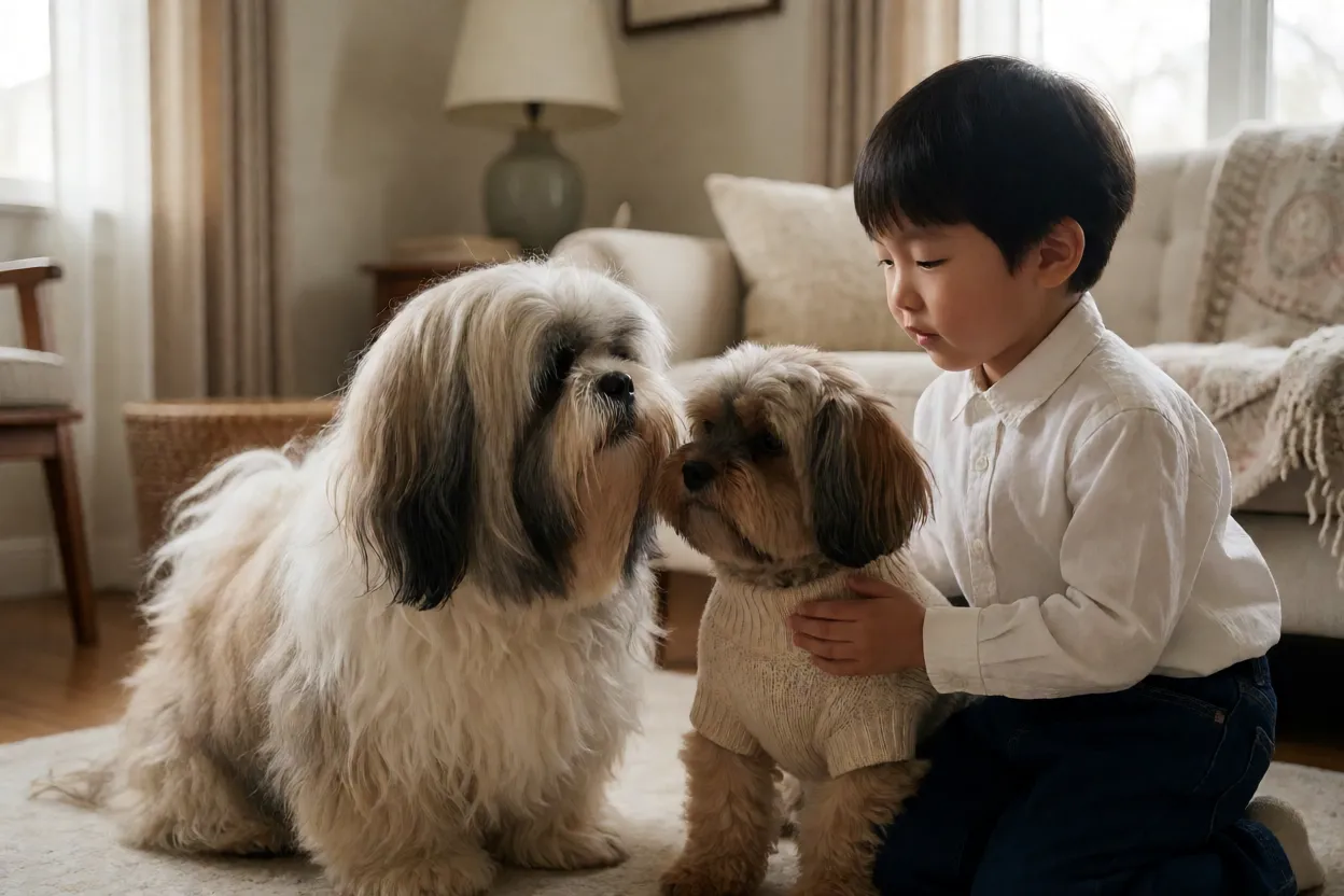 Lhasa Apso interage calmamente com criança e outro cão pequeno