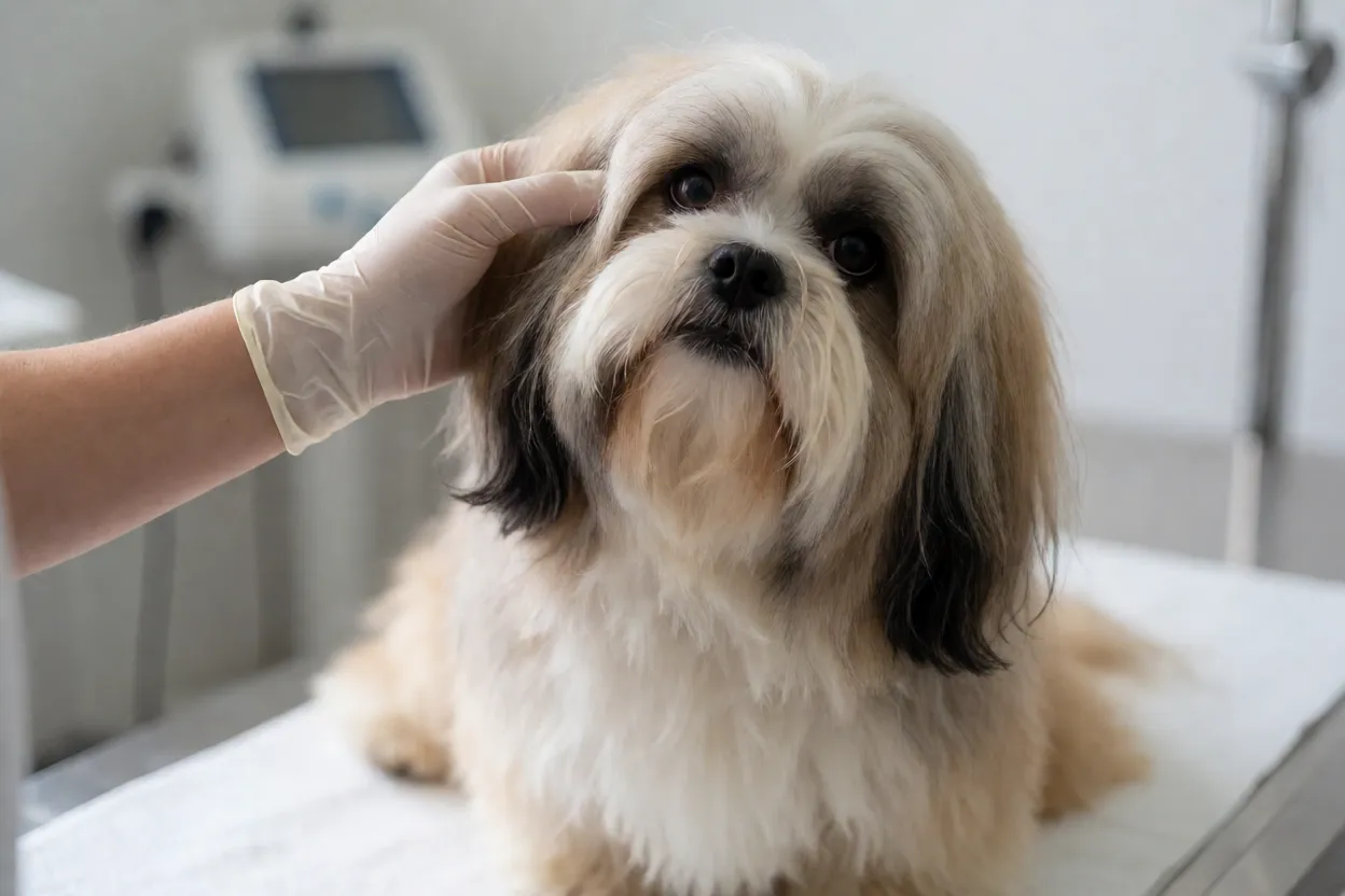 Lhasa Apso em consulta veterinária com foco nos olhos