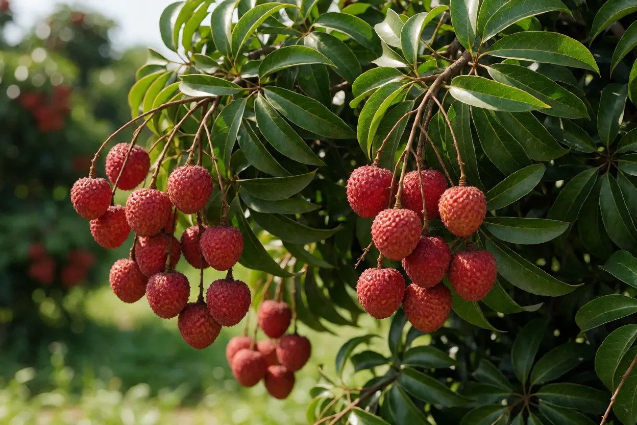 Árvore de lichia carregada de frutos vermelhos em cachos