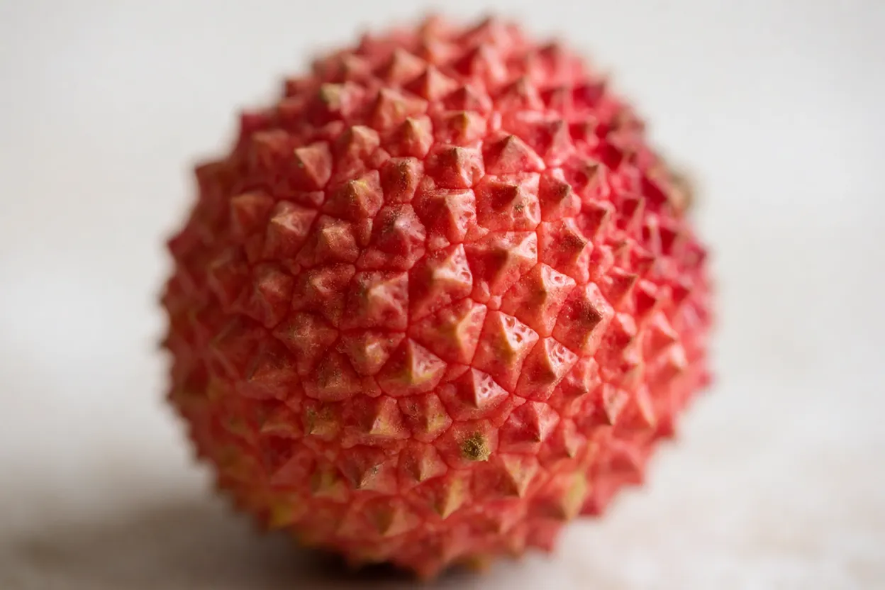 Detalhe da casca rugosa e vermelha da lichia