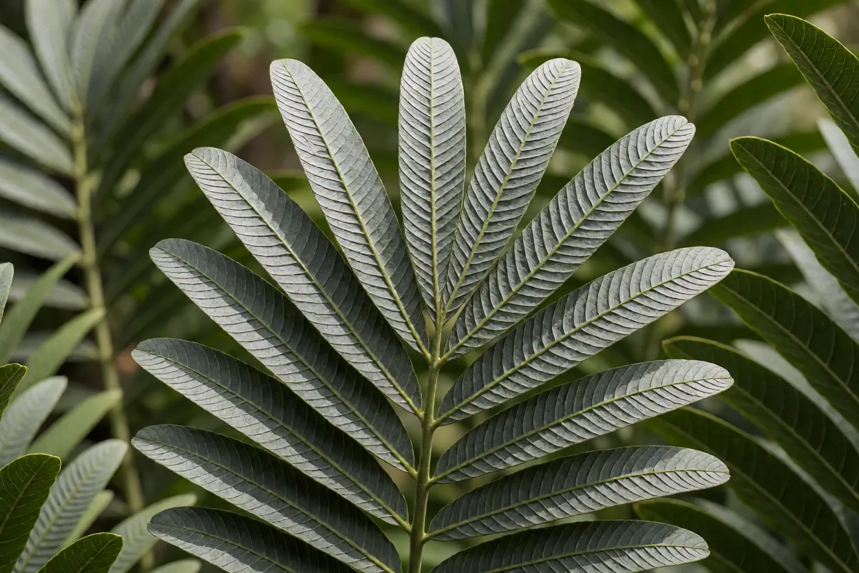 Folhas pinadas do licuri com folíolos rígidos verde-acinzentados